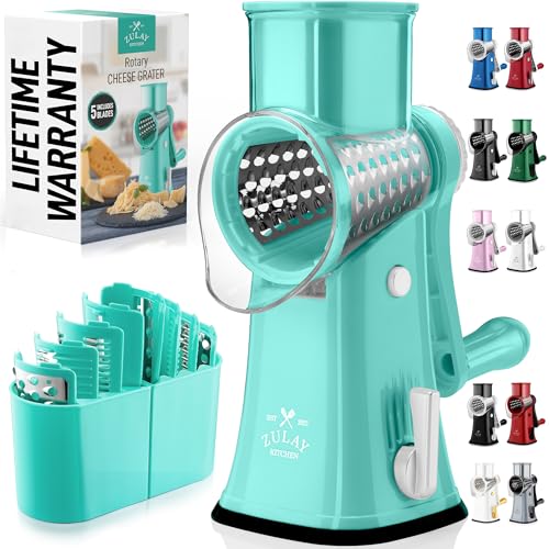 Zulay Kitchen Ralador de queijo rotativo com 5 lâminas, ralador de queijo manual com manivela manual com sucção reforçada e 5 tambores intercambiáveis - fácil de usar, cortador de legumes, fatiador de