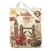 London Canvas Tote Bag: The canvas tote bag features a print depicting London's cityscape, with vintage bridges, romantic streets and red double-decker buses springing to life across its surface. It perfectly captures the essence of the city and is s...