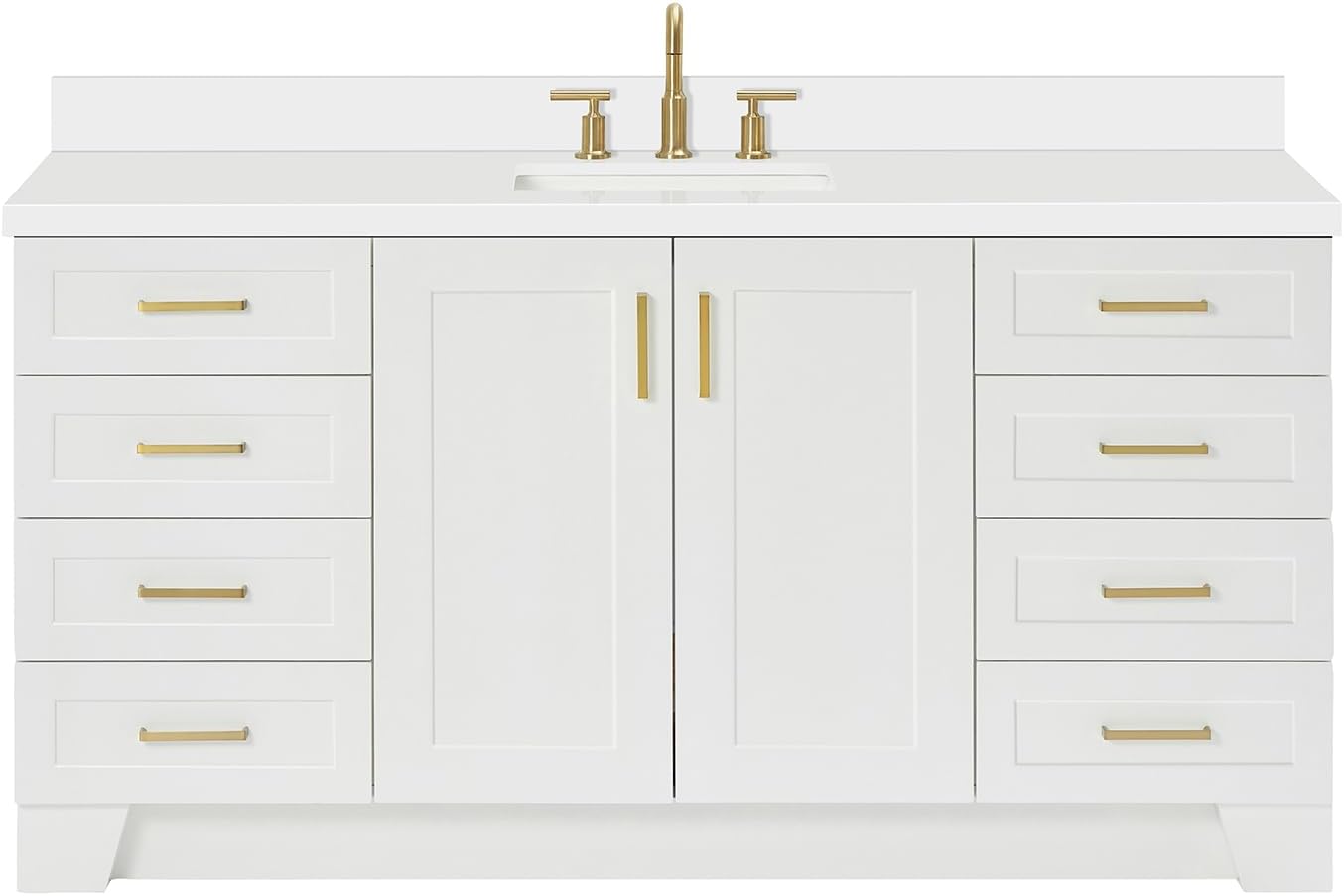 ARIEL Taylor 66-inch Bathroom Vanity with Sink,Solid Wood, 1.5-inch Pure White Quartz Countertop & Backsplash, Single Oval Porcelain Sink, 2 Soft Closing Doors, 9 Dovetail Drawers, Satin Brass, White