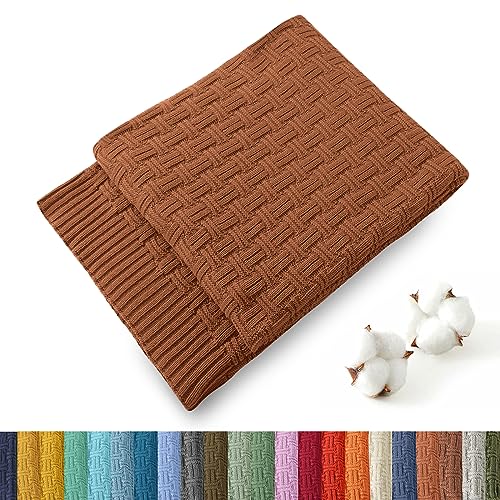 Image of TREELY 100% Cotton Knitted Throw Blanket 50 x 60 Inches, Brown