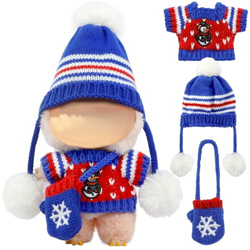 Christmas Clothes for LABUBU Doll (NO Doll), 3-Piece Handcrafted Crochet Christmas Accessories for LABUBU 17cm Dolls, Premium Outfit for LABUBU - Christmas Sweater + Hat + Bag (Blue)