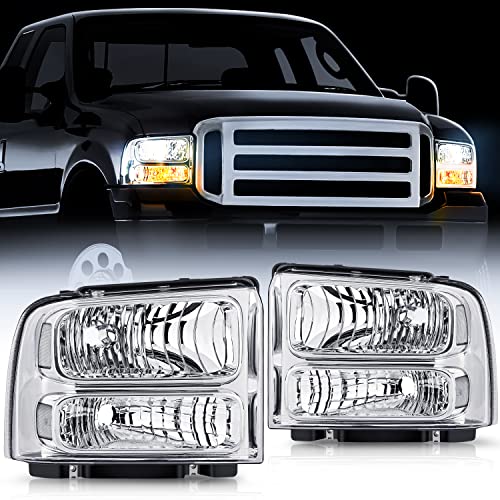 Nilight Headlight Assembly Replacement 2005 2006 2007 F250 F350 F450 F550 Super Duty Chrome Housing Clear Corner Clear Lens Headlights Assembly, 2 Years Warranty