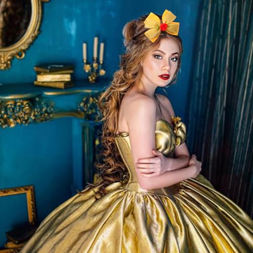 2 unidades Pinzas de cabello con moños princesa amarillo rosa para mujer, accesorios para disfraz de cumpleaños y Halloween miniatura 5
