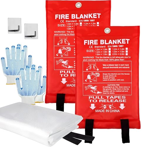 MDH Fire Blanket 40x40 inches Fiberglass w/Gloves Hooks Whistle - Fireproof Safety for Home Kitchen Restaurant House - Fire Suppression Reusable (Fire Blanket 2-Pack)