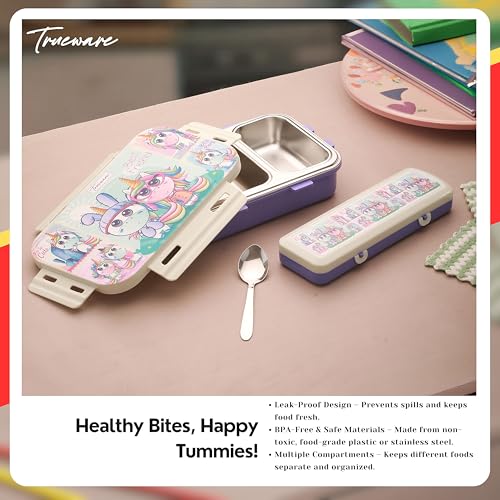 Image of Trueware Pluto Lunch Box 2 Compartment Leak-Proof BPA Free Stainless Steel, Lunch Box for Kids, Lunch Box for School & Office with a Spoon, 580 ML (LBK-Pluto-Purple BAZ)