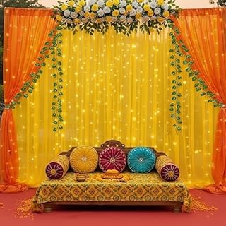 PFAD Yellow and Orange Backdrop Decorations with Artificial Leaf, Haldi Decoration Items for Home Decor, Haldi Backdrops D...