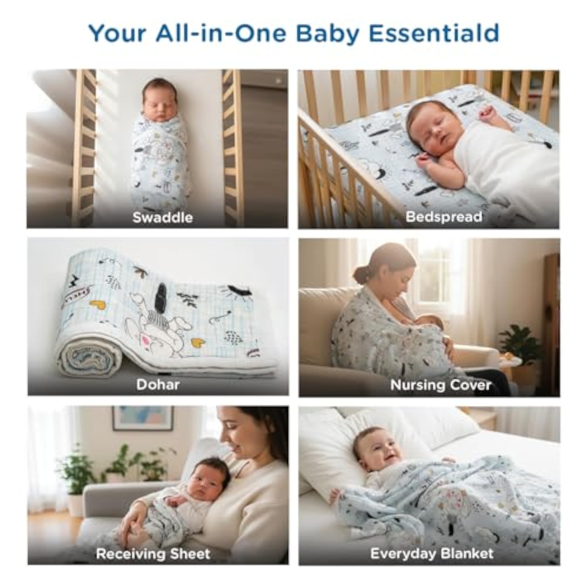 100% Cotton Reversible Muslin Blanket for Newborn Baby, Triple Layer