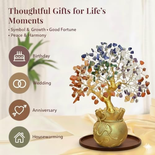 Image of 7 Chakra Crystal Tree with Golden Money Bag Base | Natural Gemstone Money Tree for Wealth Prosperity & Positive Energy | Feng Shui Vastu Tree for Home Office Decor & Good Luck Gift