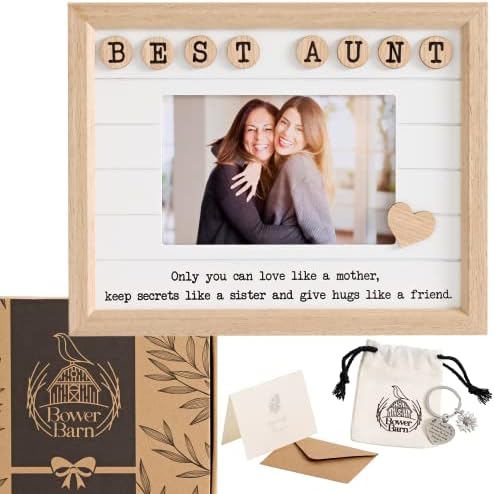 Bower Barn Aunt Picture Frame - Gifts for Aunt - 3-in-1 Aunt Birthday Gifts from Niece, Nephew - Best Aunt Ever Gifts - Cute Present for Aunts - Cool Picture Frame, Keychain and Card