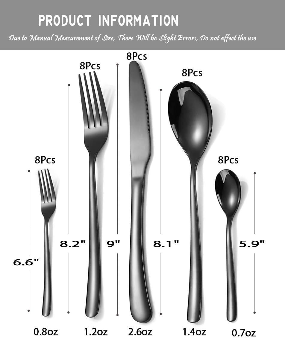 MURRI&MURRDI 40-Piece Stainless Steel Flatware Set for 8 - Heavy-Duty Reusable Cutlery with Case - Dishwasher Safe Utensils for Home, Travel, Camping (Black)
