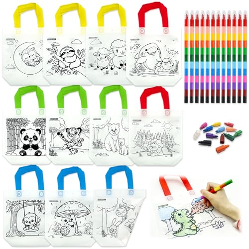 HahaMagic 12 Sac Cadeau à Colorier avec 12 Pastels (12-en-1), Sachet Anniversaire Enfant, Activités créatives et Pochette Surprise Enfant