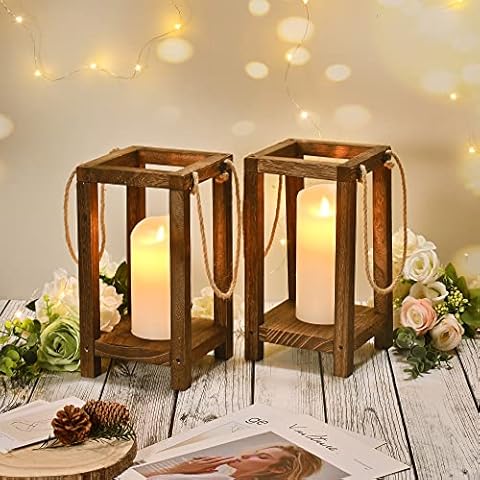 Yorkmills Wedding Lantern Candle Holders for Table Centerpiece Set of 2, Farmhouse Decor Hanging Wooden Candle Holder for Flameless Candles, Rustic Pillar Candle Lanterns for Wedding Table Decorations Cover