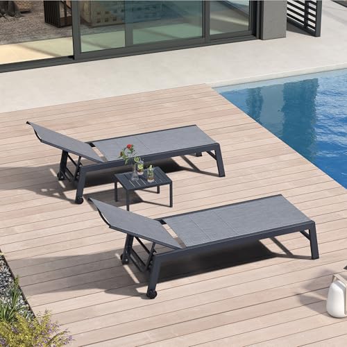 Image of PURPLE LEAF Outdoor Chaise Lounge Set of 2 Aluminum Patio Lounge Chair with Wheels and Side Table Pool Chaise Lounge Chair for Outdoor Backyard Poolside Mixed Grey (2 Lounges Chairs W /Table)