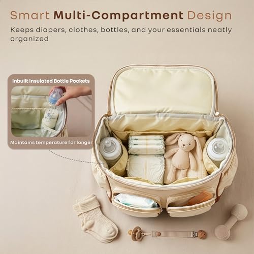 Image of R for Rabbit Caramello Bold Hazel Diaper Bag for Moms, Premium Vegan Leather Baby Travel Bag with Insulated Bottle Pockets, 10 Multi-Purpose Pockets Maternity Backpack, 37 Litre Capacity (Cream Brown)