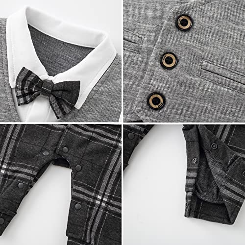 Hresadio Baby Boy Suit Outfits,Newborn Baby Boys Gentleman Romper With Tuxedo With Bowtie (Grey, 12-18 Months) #TOP2