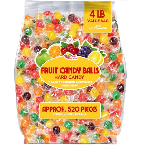 Hard Candy Fruit Balls - 4 Pounds - Fruity Sour Balls - Classic Hard Candies for Office, Desk, Calssroom - Colorful Variety Candy Suckers - Assorted Flavors Orange, Lemon, Grape, Green Apple, Cherry