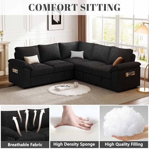 Image of 85 Inch Modular Sectional Sofa with Pull Out Bed, L Shaped 5 Seat Sectional Sleeper Sofa with Storage, Sectional Couches for Living Room, Cloud Modular Couch,Removable Sofa Cover, Black