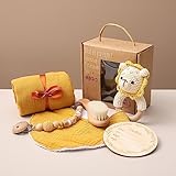 Baby Shower Gifts Set Baby Gift Gender Reveal Gifts Baby Gifts New Baby Gift Set Newborn Gifts Baby Blanket Newborn Rattle Wooden Brush and Milestones (Lion-2)
