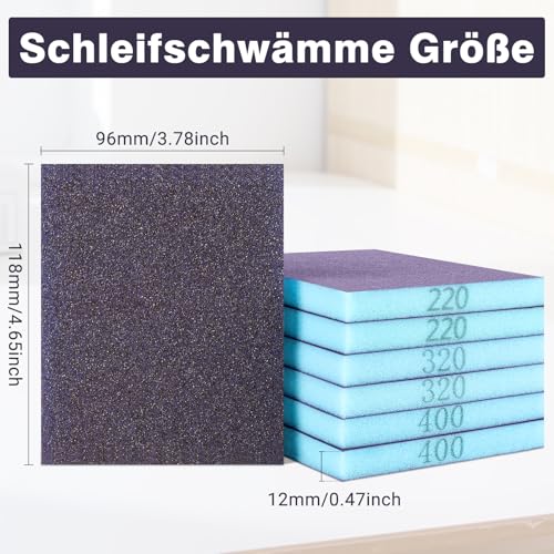 Pesutei 12 Stück Schleifschwamm, 60/80/120/220/320/400 Körnung Schleifpapier Fein, Weiches Schleifpapier Nassschleifpapier für Metall, Holz, Modell Trockenbau, Stahl, Edelstahl