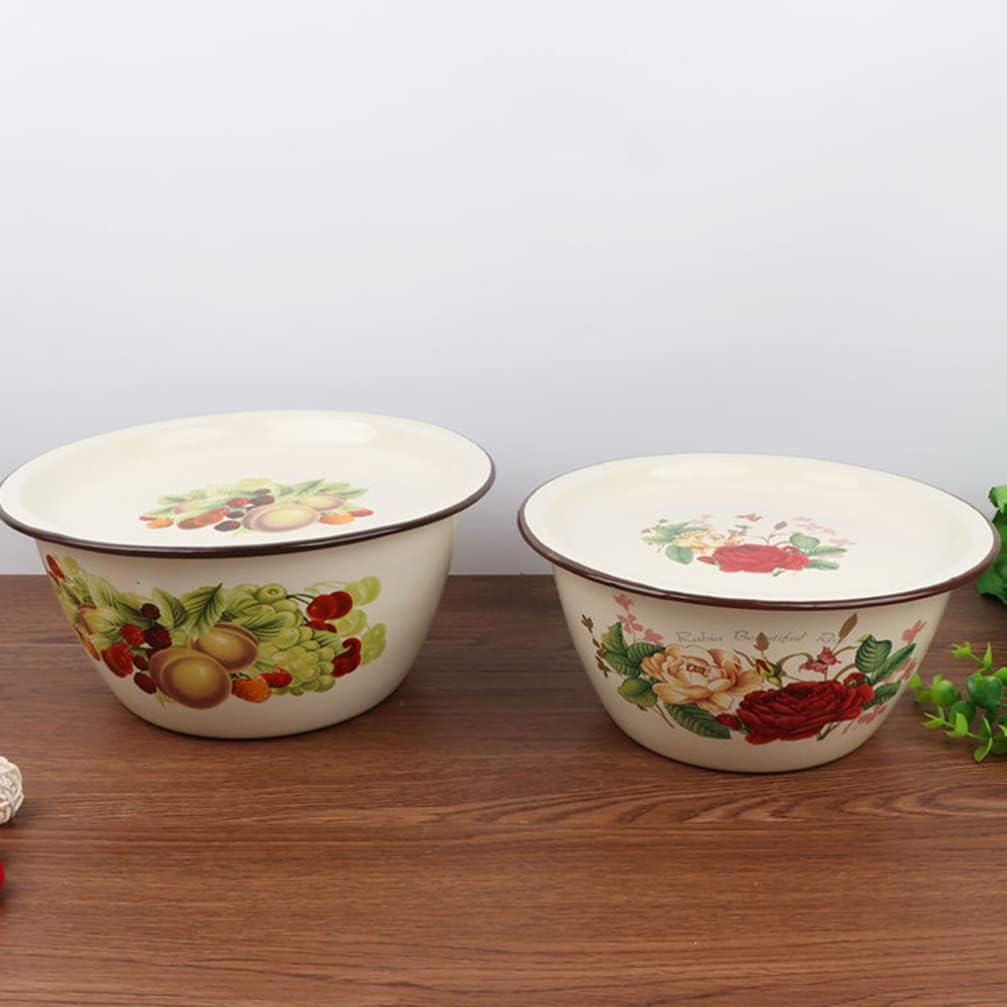 Enamelware Bowl Vintage Serving Bowl Enamel Mixing Bowl with Lid Fruit Print Soup Bowl Oil Basin Round Serving Tray for Soup Butter Oil 2L Pot (Color : As Shown, Size : 21.5X21.5X9.5CM) (Color : As S