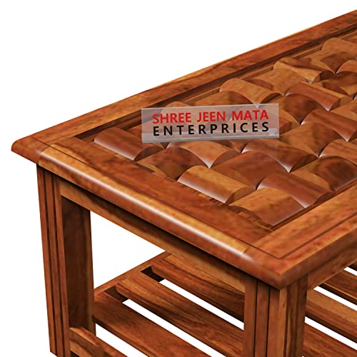 Image of Sheesham Wooden Centre Table with Storage Shelf for Living Room with Glass Top - Solid Wooden Coffee Table - Teapoy Tea Table Sofa Table & Center Table with Storage (Stern Honey)