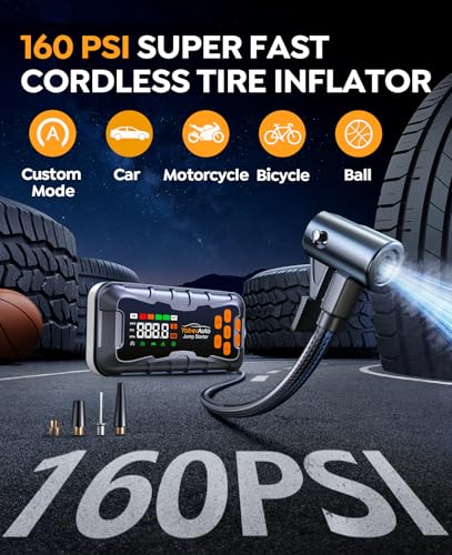 Image of YaberAuto 16-in-1 Jump Starter with Air Compressor 8000A 160PSI Car Battery Jump Starter (All Gas /14L Diesel) 12V Jump Box Car Battery Jumper Starter Portable Jumper Cables, Emergency Tool Kit, Gloves