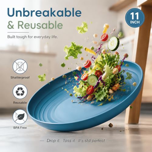 Image of 11In Wheat Straw Deep Plate, Reusable Plastic Plates Set,Dark Blue | Unbreakable Alternative to Melamine Plates Set for Family Kitchen & Outdoor Dining