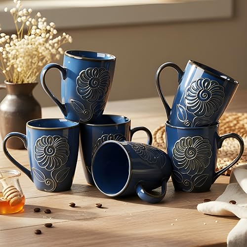 Image of KITTENS Handcrafted Blue Floral Ceramic Coffee Mugs Set of 6 - 330 ml Studio Finish Tea & Coffee Cups, Microwave & Dishwasher Safe - Premium Gift for Housewarming & Special Occasions