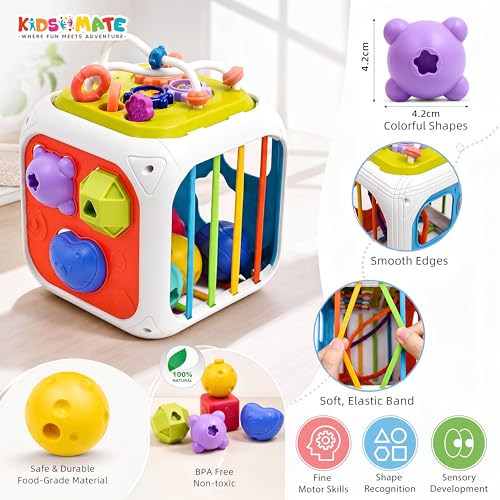 Image of Kidsmate Montessori 7-in-1 Activity Cube for Babies 12-18 Months | Sensory Busy Cube Toy for Toddlers | Shape Sorter Learning Toy | Fine Motor Skills Development | Educational Gift for Boys & Girls