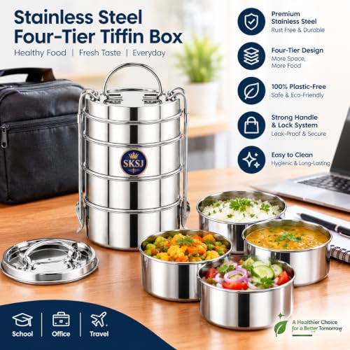 Image of SKSJ Stainless Steel Four-Tier Lunch Box with Lid & Handle | Durable Multi-Layer Tiffin Box for School, Office & Travel | Plastic-Free Food Storage Container