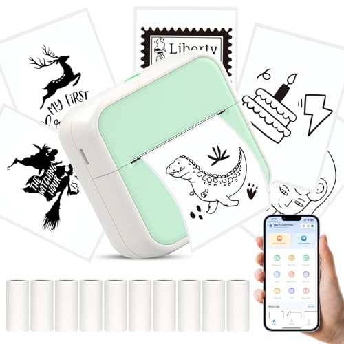 Image of Mini Pocket Printer for iPhone /Android, Portable Mini Sticker Printer with 10 Rolls Non-Sticky Thermal Papers, Blue-Tooth Thermal Label Maker for Journal Memo Notes Photo Study, Green