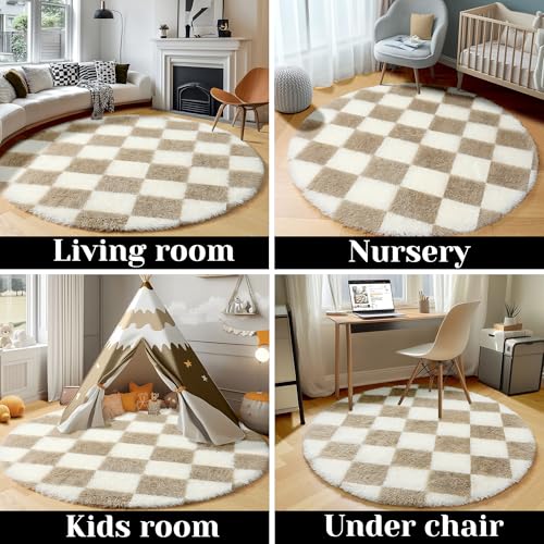 Image of KICMOR Round Rugs 6ft Beige and Cream White Circle Area Rug, Fluffy Soft Fuzzy Shag Shaggy Bedroom Living Room Carpet, Indoor Checkered Circular Rug for Kids Boys Girls Home Decor Aesthetic, Nursery