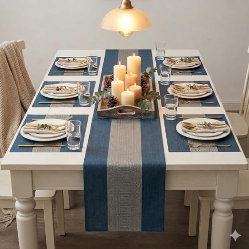 Image of YELONA Placemats and Table Runner Set - Heat Resistant, Non-Slip & Washable PVC Vinyl Dining Table Mats - Midnight Blue (6 Placemats: 45x30 cm, 1 Runner: 180x30 cm)