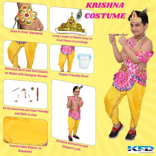 Image of Kaku Fancy Dresses Krishna Costume With Dhoti For Boy /Janmashtami /Bal Gopal Dress /Kanha Costume /Bal Krishna /Mythological Costume For Boy - Yellow-Red, 1-2 Years