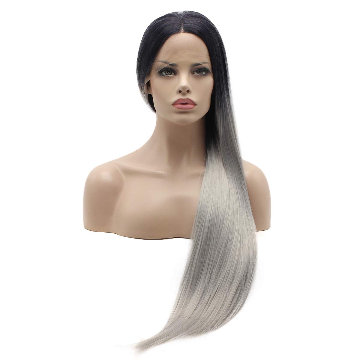 Lushy Hair Synthetic Lace Front Wig Extra Long 28inch Straight Black Root Gray Ombre Wig Heat Friendly Full Density Realistic Wig