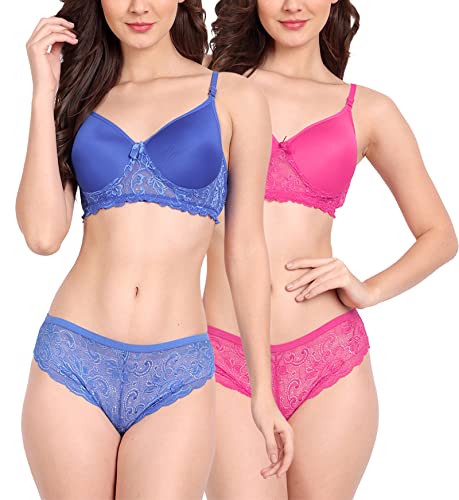 Image of FIMS - Fashion is my style Women Cotton Floral Lace Padded, Non-Wired, Full Coverage, Seamless Bra Panty Set, Multicolor, Lingerie Set