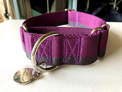 1.5 Inch Wide Striped Martingale Collar , Strong and Extra Thicker, Heavy Duty Dog Collar for Medium to XLarge Dogs (Medium, 1 1 2 Inch Wide, Purplish Red & Grey)