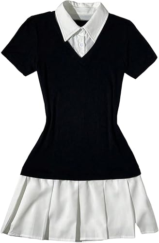 RoseSeek Women's Color Block Pleated A Line Mini Dresses Short Sleeve Fitted Col