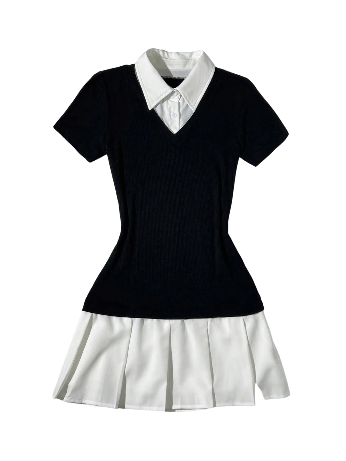 Womens Color Block Pleated A Line Mini Dresses Short Sleeve Fitted Collared Office Work Dress
