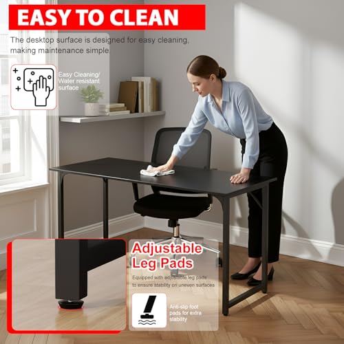 Image of PayLessHere | 55 Inch Computer Desk | Black | Office Desk with Metal Frame, Adjustable Feet | Water-Resistant, Scratchproof Surface | Sturdy Writing Table for Home Office or Study | Pack of 1