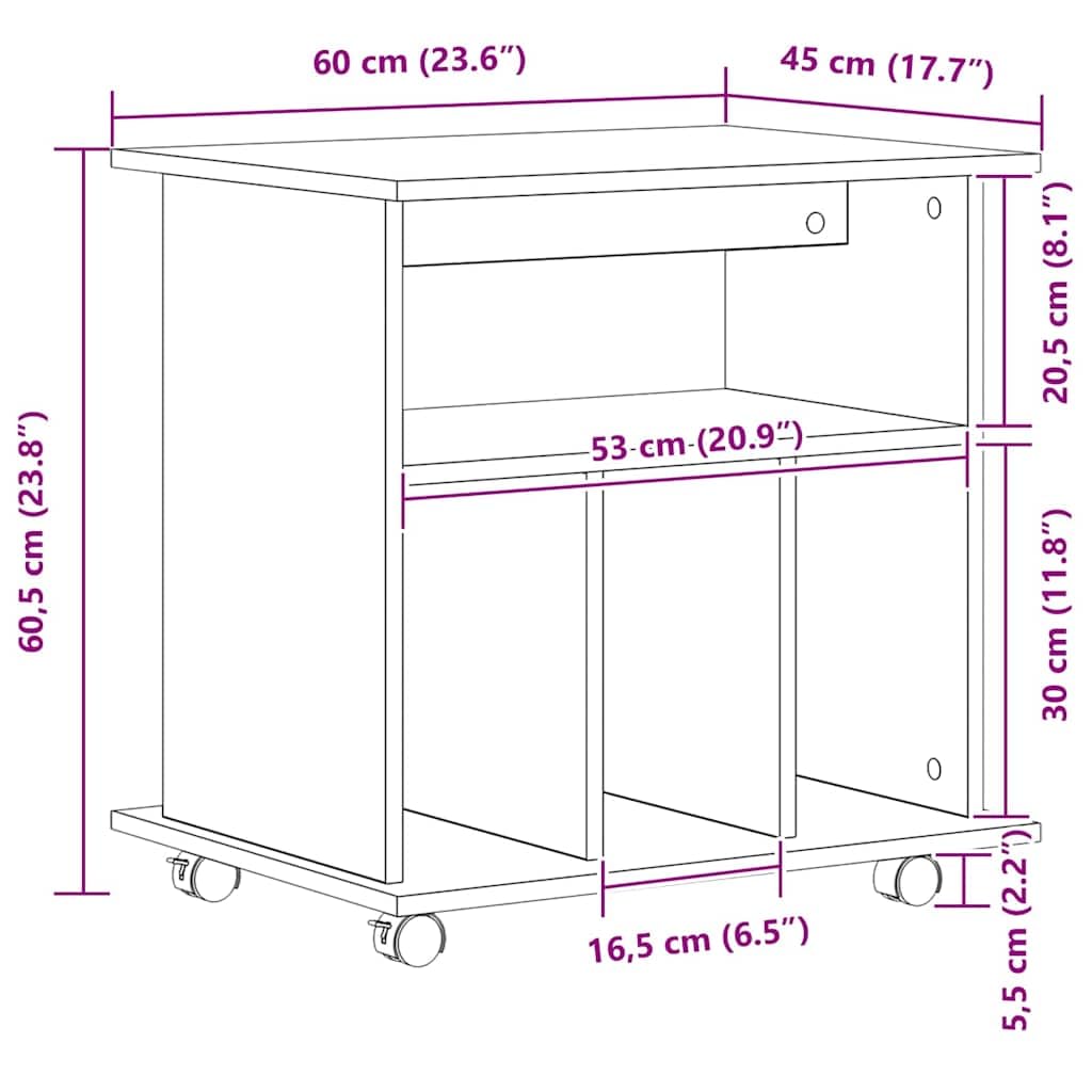 vidaXL Mobile con Ruote Rovere Nero 60 x 45 x 55 cm Legno Multistrato, Soluzioni di archiviazione per Ufficio