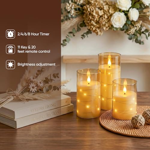 Image of Amagic Flameless Candles, Flickering Battery Operated Candles Embedded Fairy String Light, Realistic Pillar Candle with Remote Control and Timer, Acrylic Amber Gold, Set of 6, D3 x H4 5 inch 6 inch