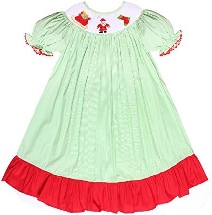 Babeeni Christmas Girl Dress Featured with Smocked Patterns of Santa Claus and Stocking in Bishop Style