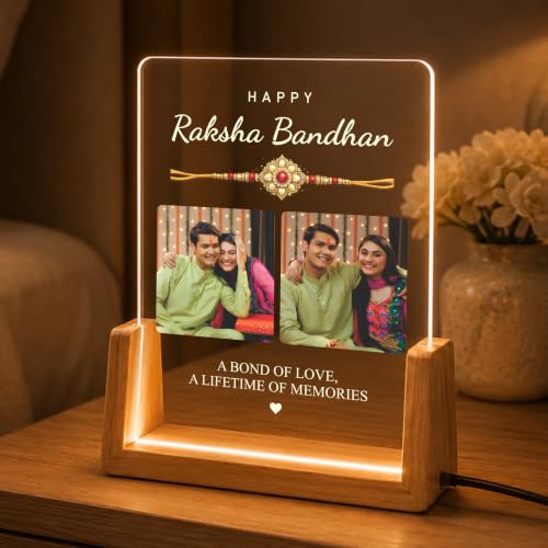 Image of Giftplease Personalized Raksha Bandhan LED Acrylic Photo Frame with 3 Custom Pictures, Brother Sister Memory Plaque, Wooden USB Night Lamp, Family Festival Decor, Engraved Name Quote Display