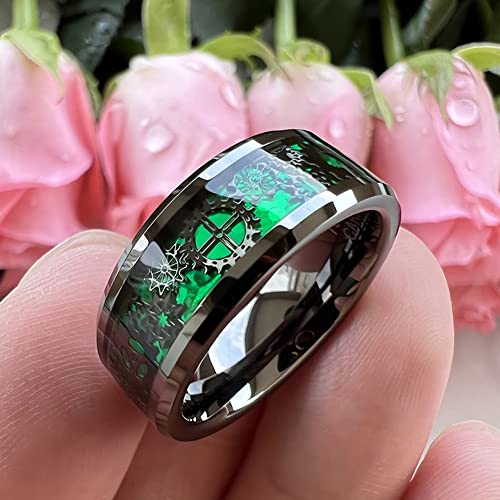 Tutiss 8Mm Green Carbon Fiber Steampunk Gear Inlay Gunmetal Tungsten Rings For Men Women Wedding Bands Beveled Edges Comfort Fit Size 8 #TOP4