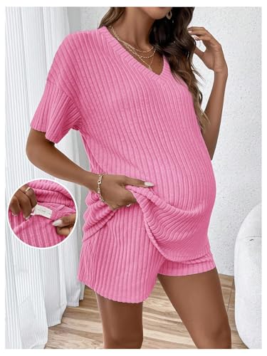 Image of MakeMeChic Women's Maternity 2 Piece Outfits Summer Short Sleeve Rib Knit Tee Top and Short Lounge Sets Clothes