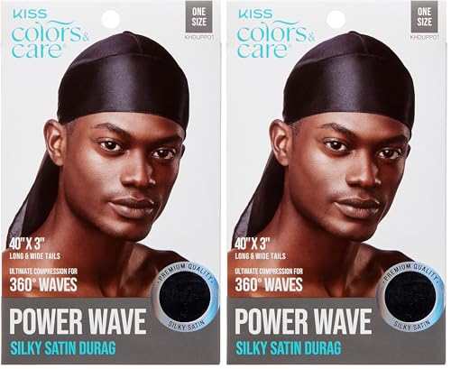 KISS COLORS & CARE Power Wave Silky Satin Durag - Black, Maximum Wave formation, Ultra-Compression, Breathable Premium Fabric, One Size Fits All, Durable & Versatile For All Hair Types (Pack of 2)