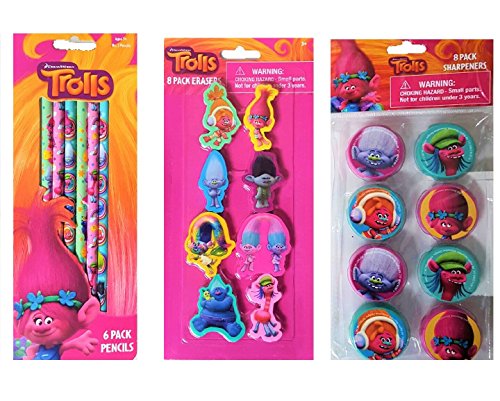 Trolls 6 Pencils, 8 Sharpeners & 8 Erasers - 22pc Set