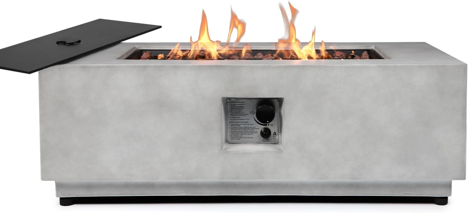1 Pieces 42-Inch Outdoor Propane Fire Pit Table - 50,000 BTU, CSA-Certified Concrete Rectangle Firepits | Integrated Ignition, Steel Lid, Lava Rocks & Rain Cover Included