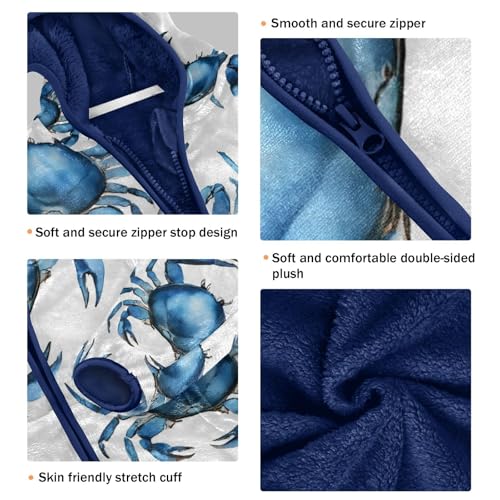 Blue Crab Pattern Print Toddler Fleece Jacket Girl Boys Hooded Fleece Jacket Coat Warm Outwear Zip-up 3-10T3